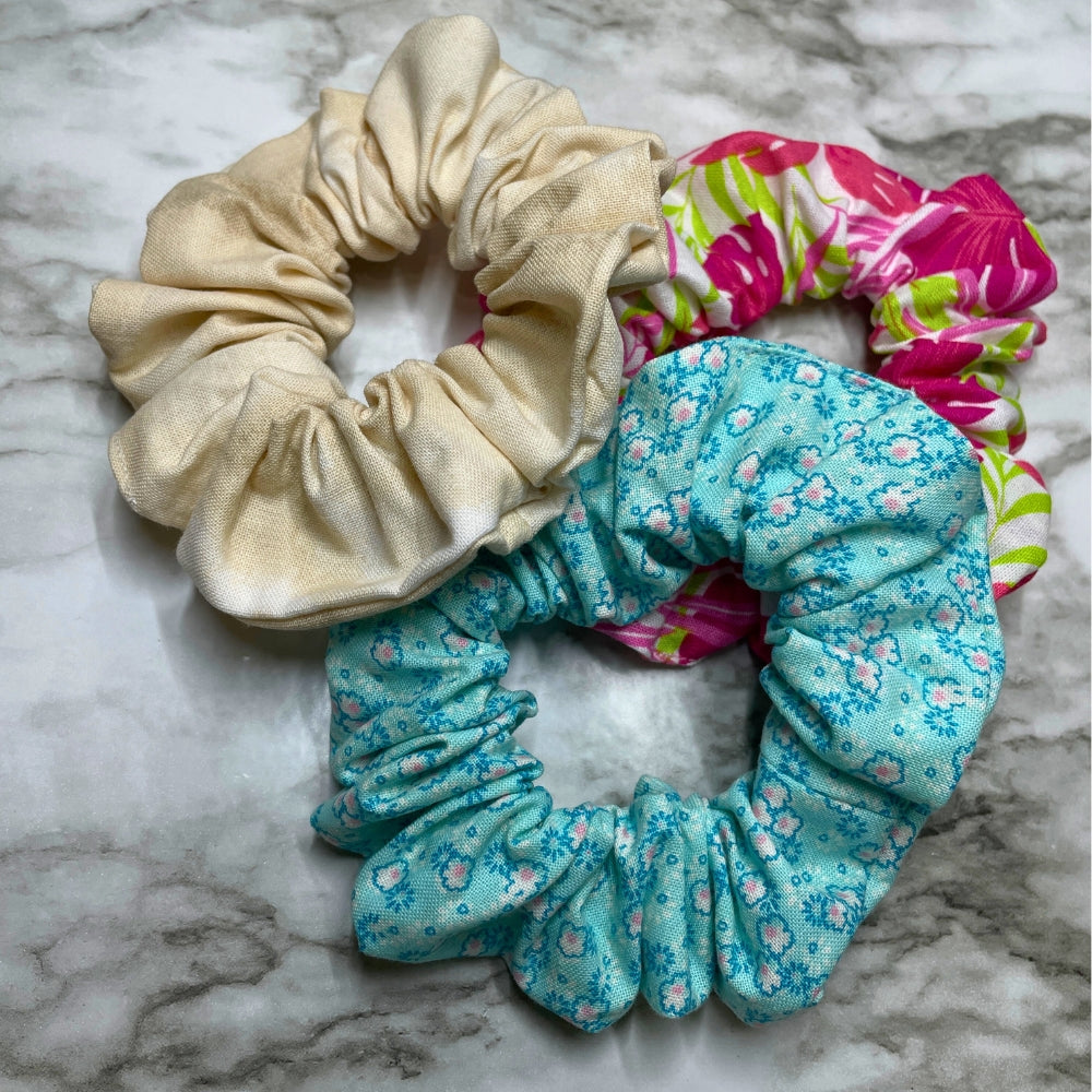 Scrunchies Hair Ties Hot Pink Floral Scrunchies Sand Tone Scrunchies Blue Flower Scrunchies Hair Ties Kit