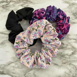 Scrunchies Kit | Purples Lined Pattern Scrunchies | Small Flower Soft Pink Scrunchies | Black Scrunchies | Hair Ties