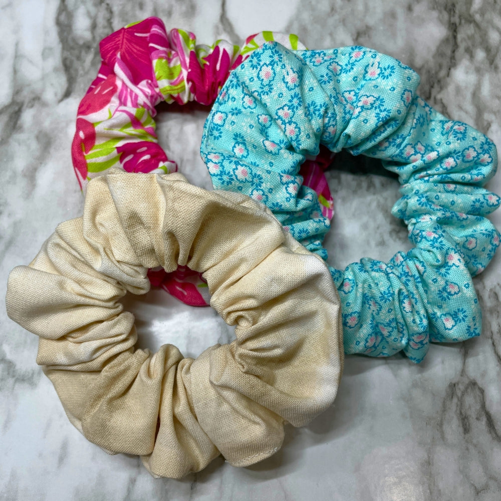 Scrunchies Hair Ties Hot Pink Floral Scrunchies Sand Tone Scrunchies Blue Flower Scrunchies Hair Ties Kit