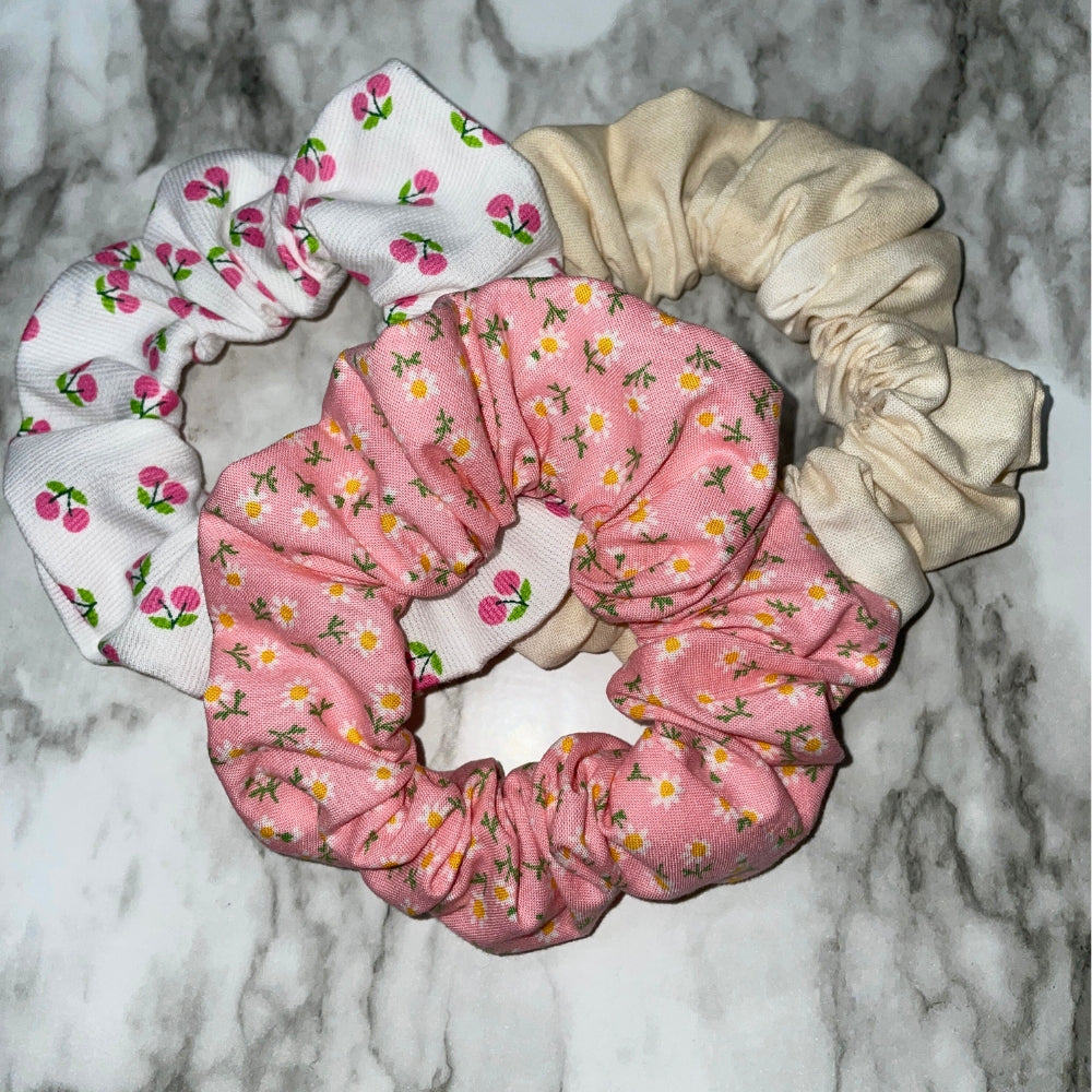 Scrunchies Hair Ties Pink Floral Scrunchies Cherries and White Scrunchies Sand Tone Scrunchies Hair Ties Kit
