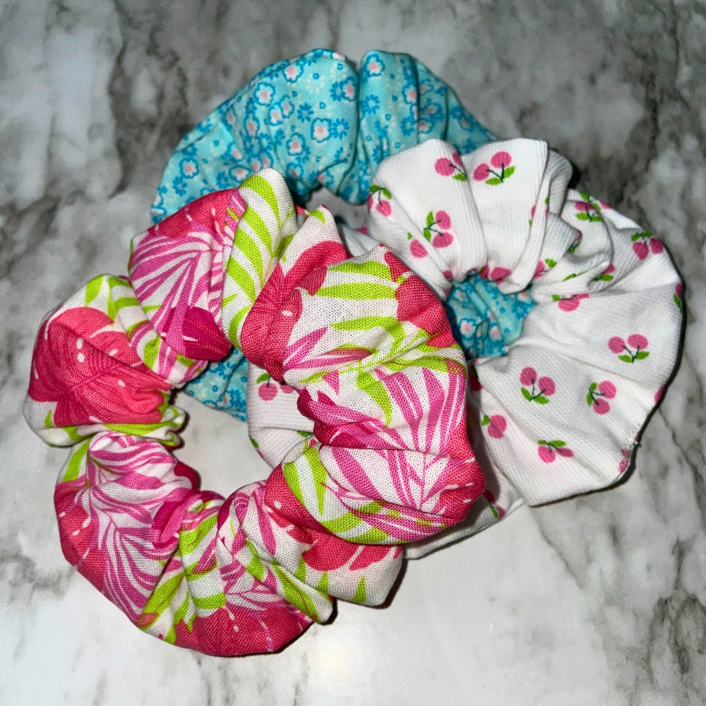 Scrunchies Hair Ties Hot Pink Floral Scrunchies Cherry and White Scrunchies Blue Flower Scrunchies Hair Ties Kit