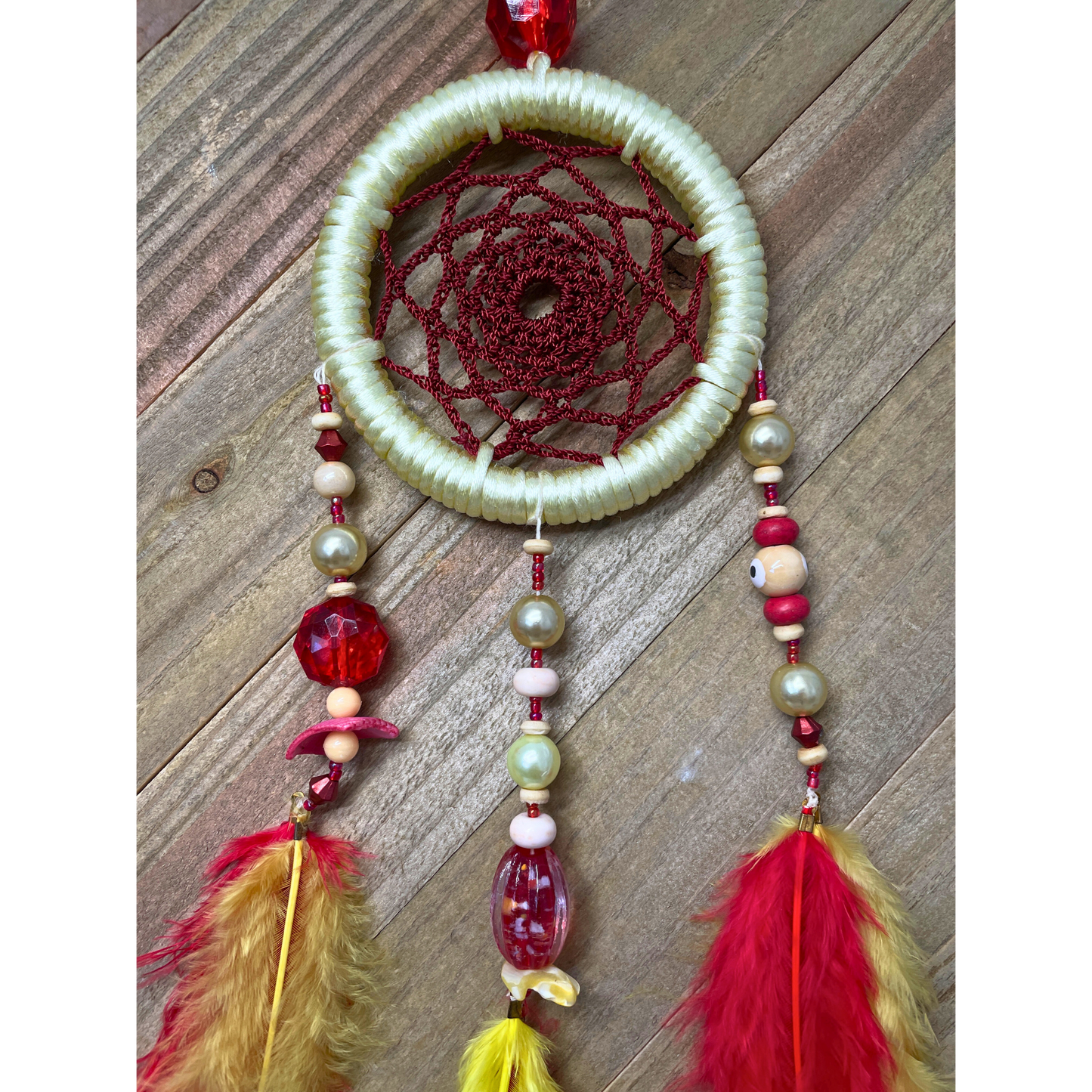 Dreamcatcher Handmade | Crochet Dreamcatchers| Dark Red Dreamcatchers | Light Yellow Dreamcatchers | Feather Dreamcatchers | Home Decor | Boho Decor Wall Hanging | Ring Size 3 1/4" inches (8.5 cm)