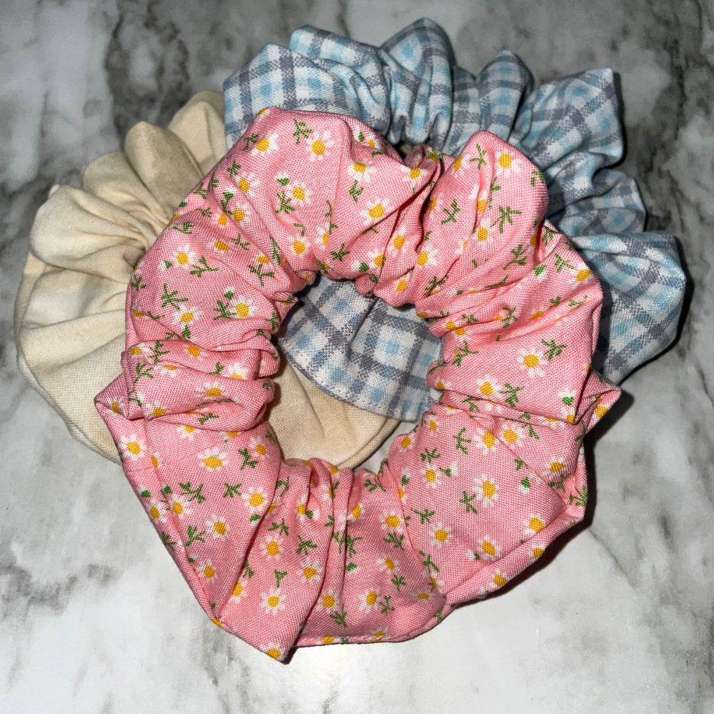Scrunchies Hair Ties Pink Daisy Floral Scrunchies Plaid Blue Scrunchies Sand Tone Scrunchies Kit