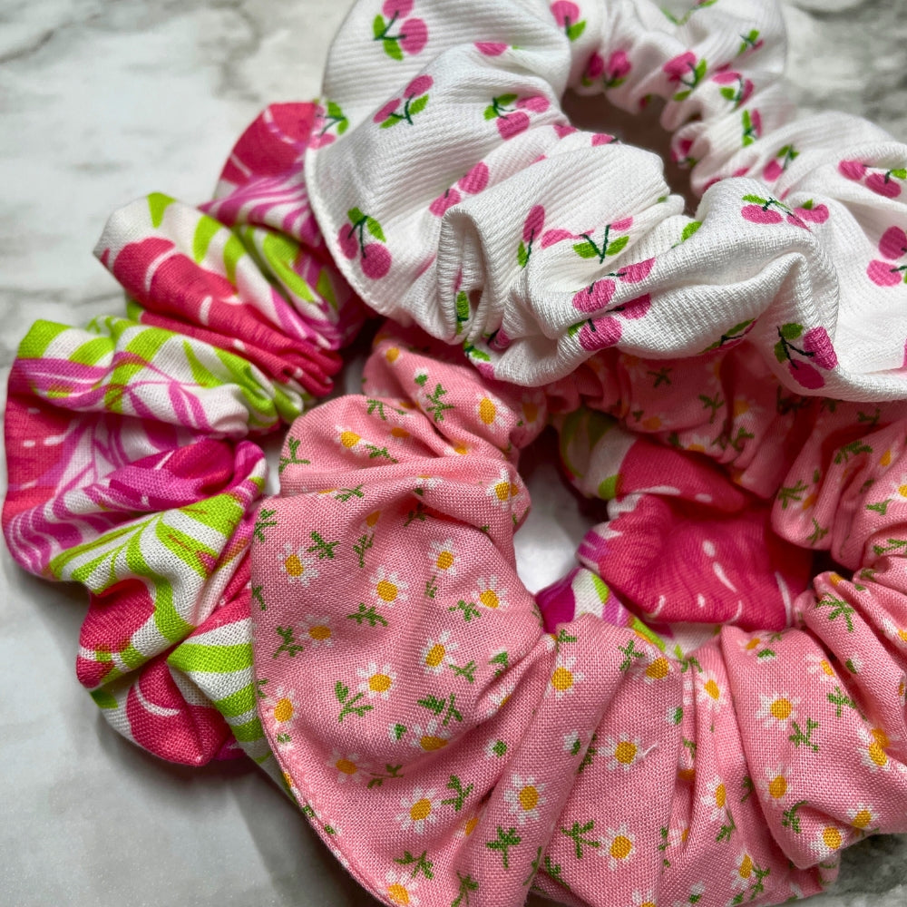 Scrunchies Hair Ties Hot Pink Floral Scrunchies Cherry and White Scrunchies Pink Flower Scrunchies Hair Ties Kit