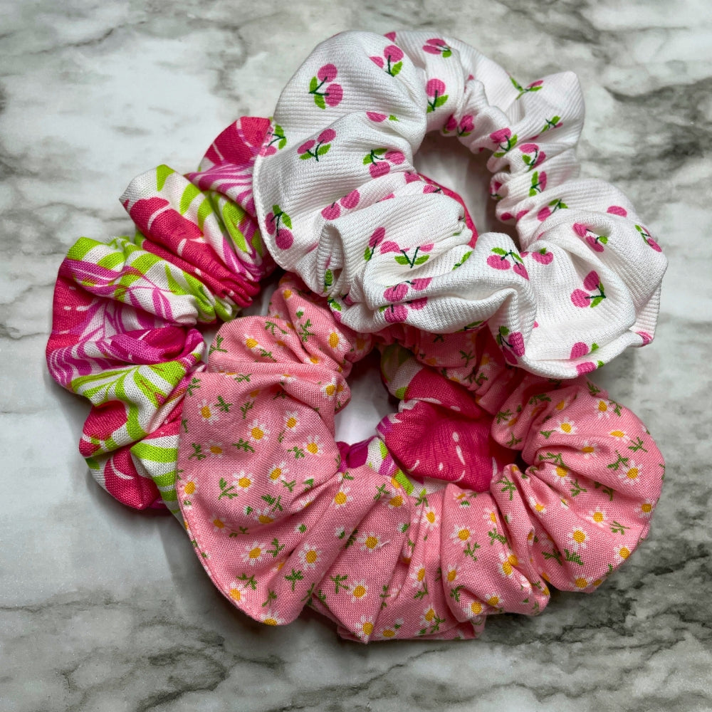 Scrunchies Hair Ties Hot Pink Floral Scrunchies Cherry and White Scrunchies Pink Flower Scrunchies Hair Ties Kit