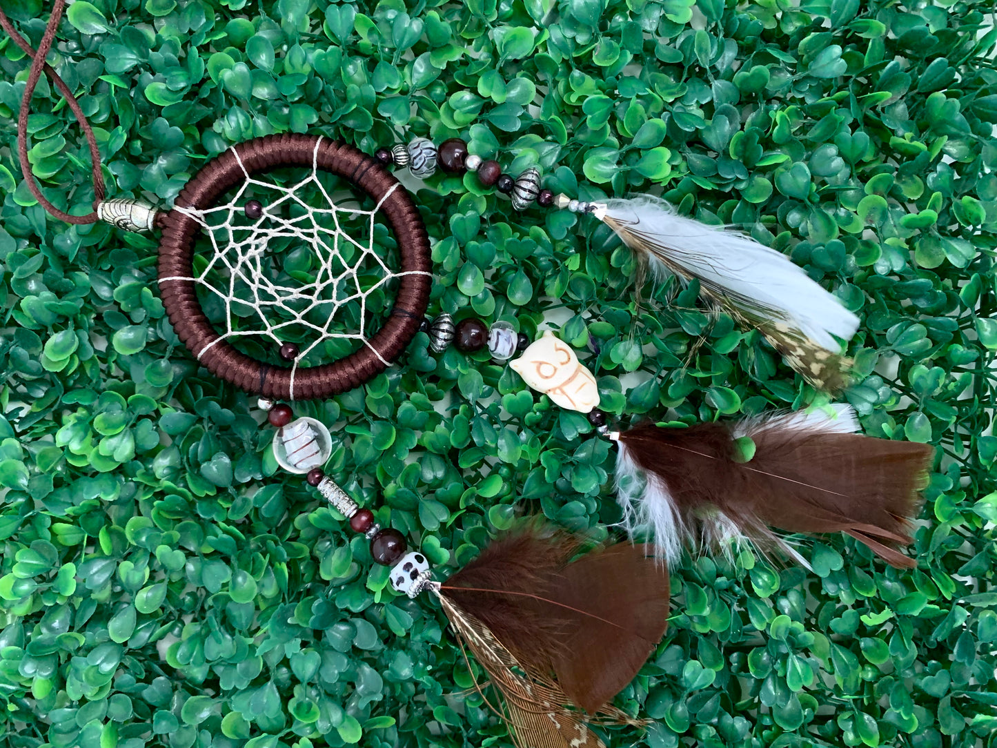 Dreamcatcher Brown, Metallic Gray, Cream, Beige, Black, Colors with Peacock Feathers Ring Size 3 1/4" inches (8.5 cm)