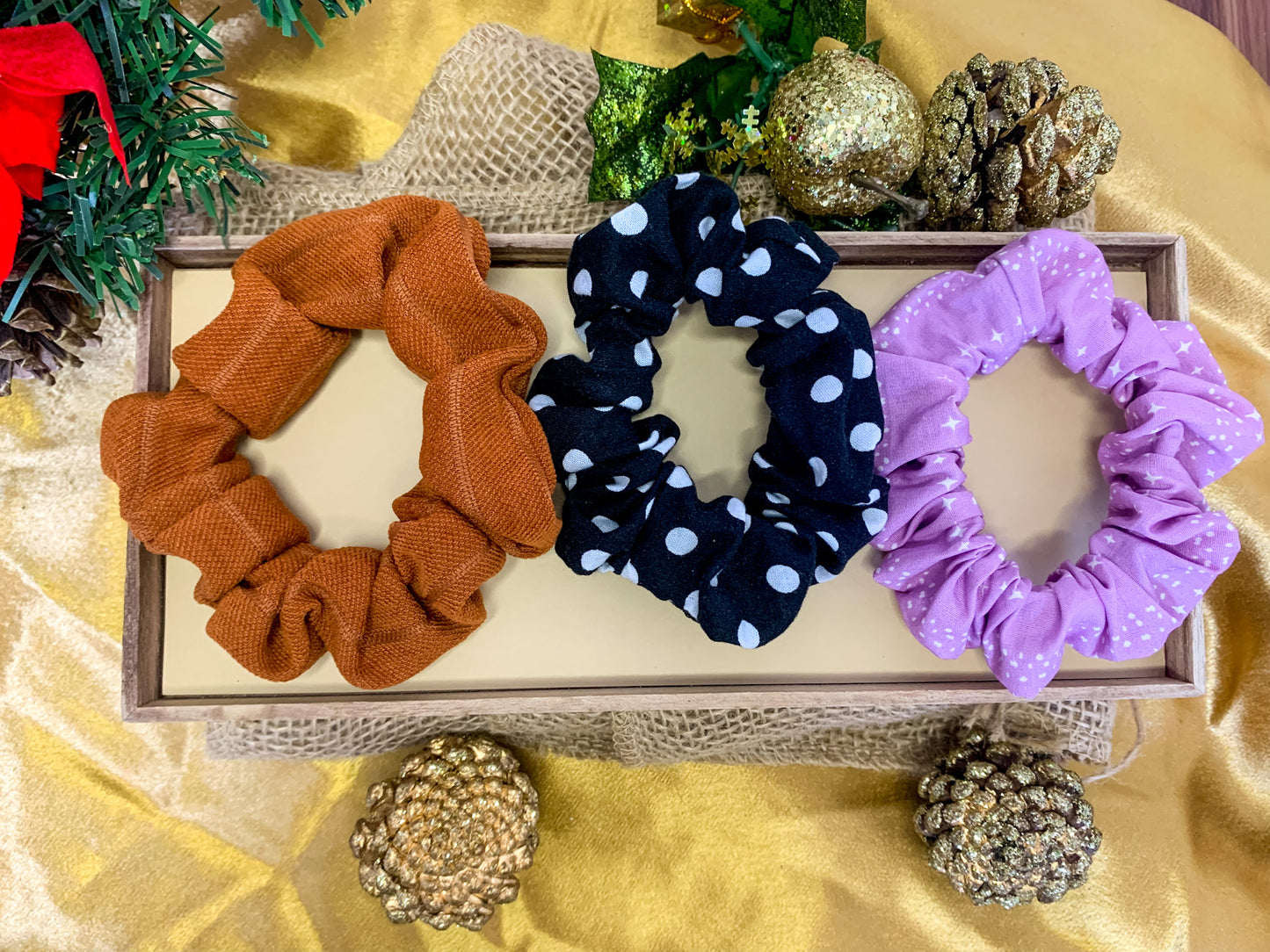 Scrunchies Kit | Purple White Stars Scrunchie | Brown Toned Scrunchies | Polka Dot Scrunchies | Hair Ties