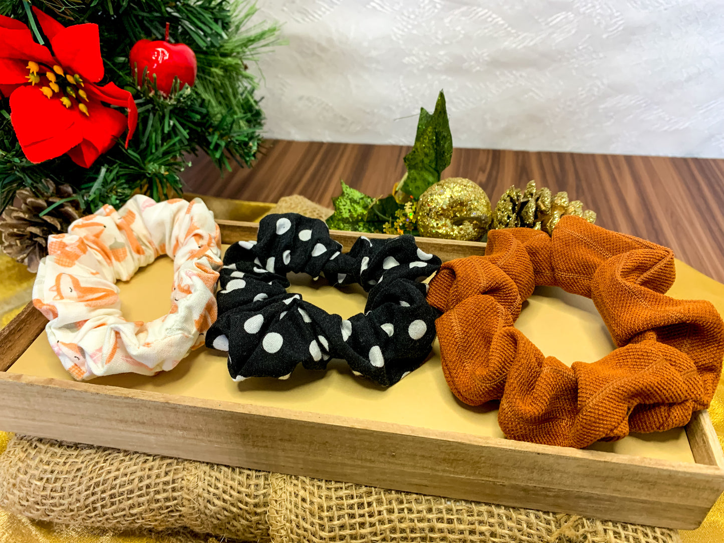 Scrunchies Kit | White Brown Squirrel Scrunchies | Polka Dot Black Scrunchies | Earth Brown Toned Scrunchies | Hair Ties