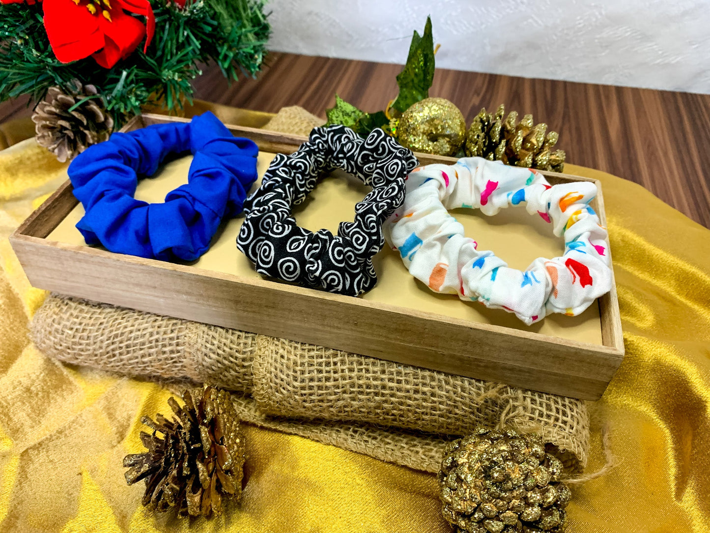 Scrunchies Kit | Blue Scrunchies | Black White Spiral Scrunchies | Multi Colors Cat Scrunchies | Hair Ties