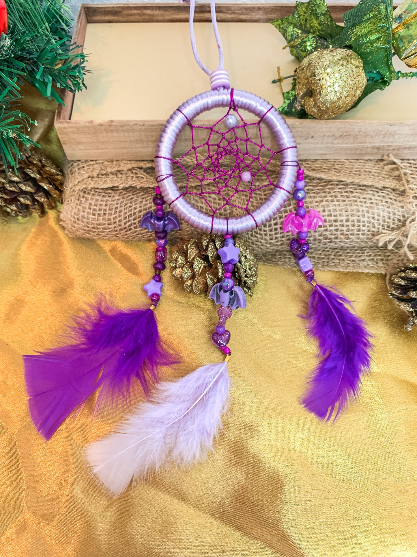 Dreamcatcher Light and Dark Purple, Hot Pink with Bats and Stars beads Ring Size: 3 1/4" inches (8 cm)