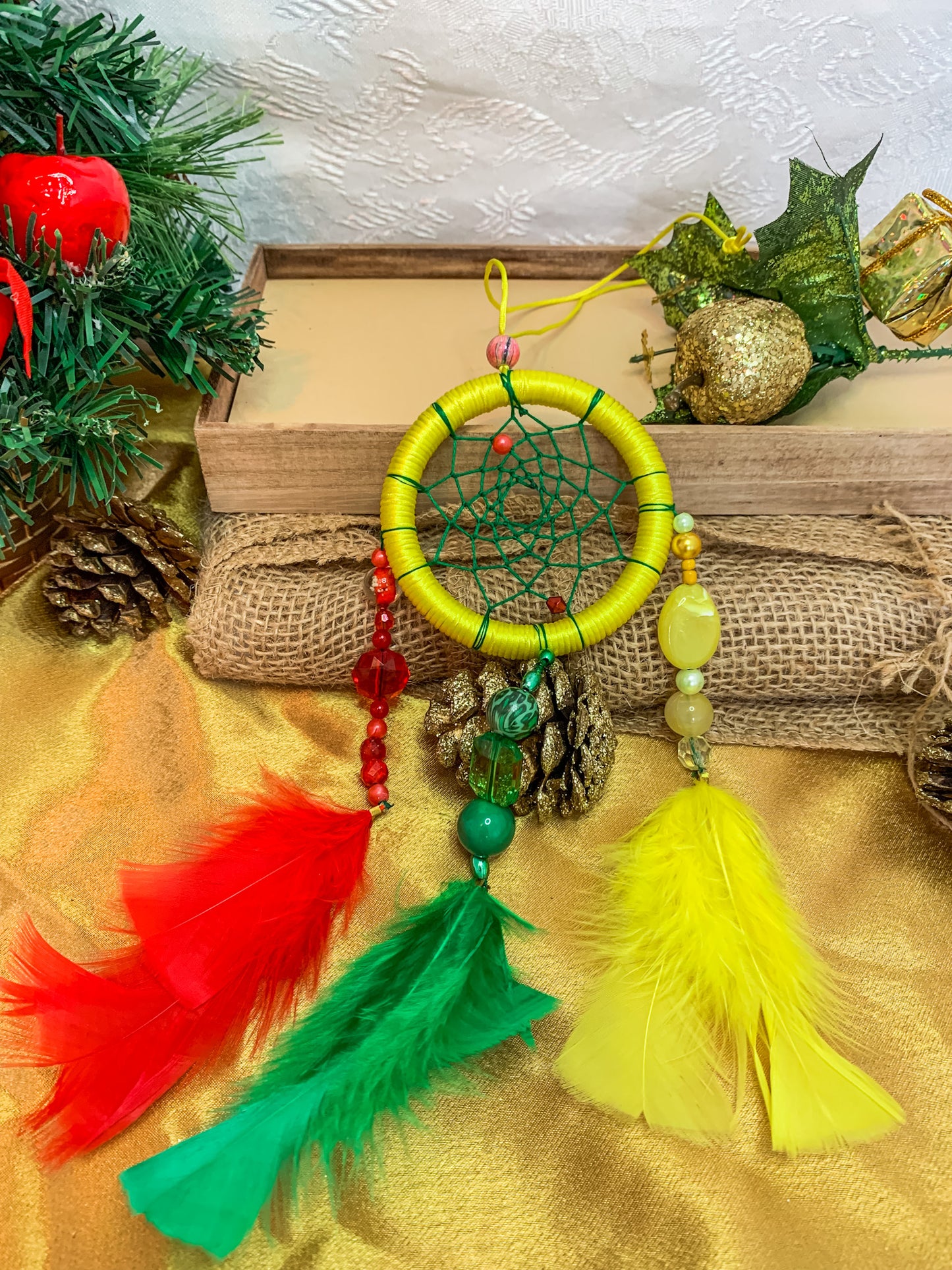 Dreamcatcher Red, Green and Yellow Colors , Rastas Colors Ring Size 3 1/4" inches (8 cm)