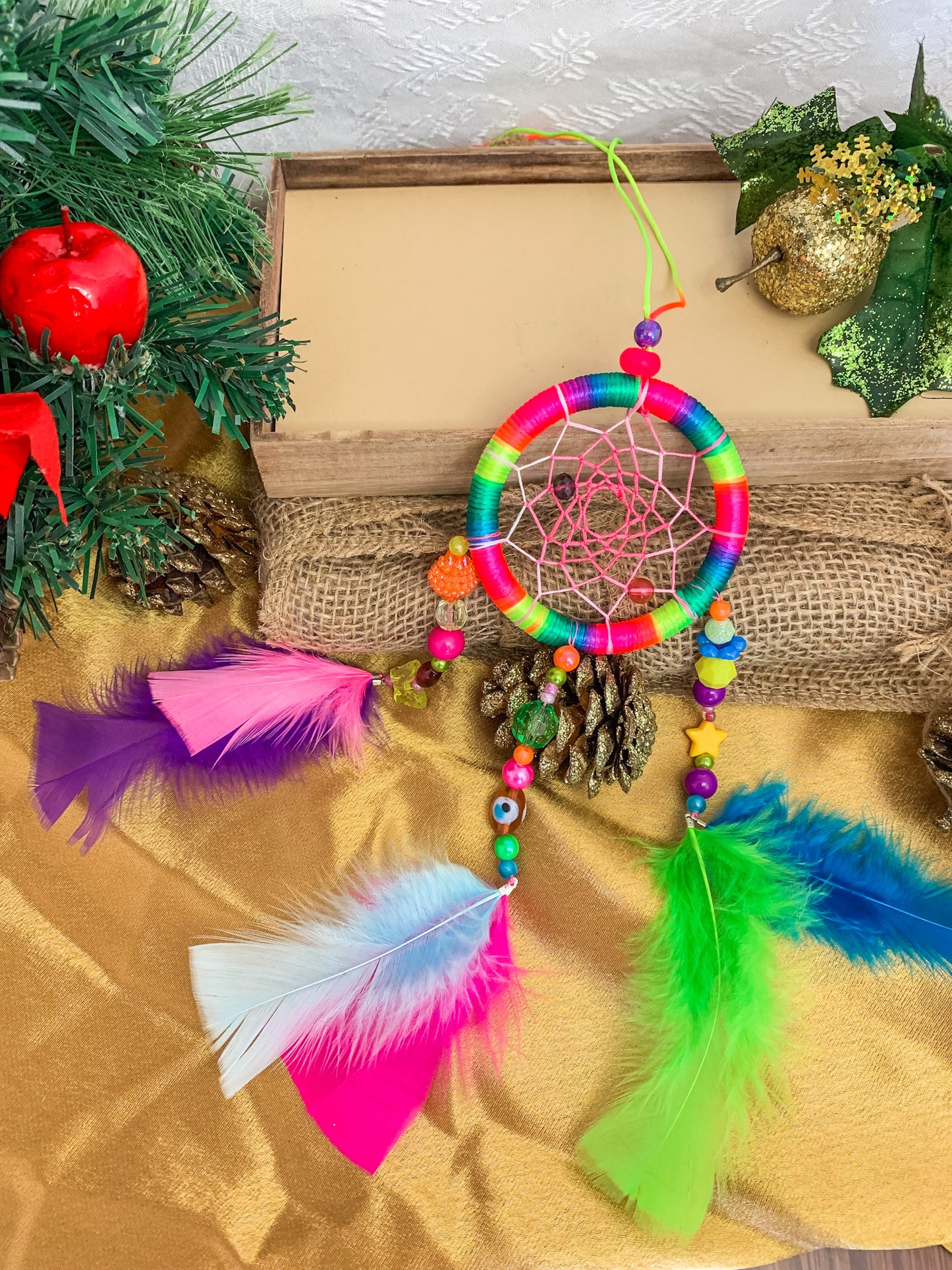 Dreamcatcher Hot Pink, Yellow, Orange, Blue, Green, Purple Colors Ring Size 3 1/4" inches (8 cm)
