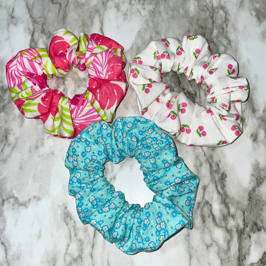 Scrunchies Hair Ties Hot Pink Floral Scrunchies Cherry and White Scrunchies Blue Flower Scrunchies Hair Ties Kit