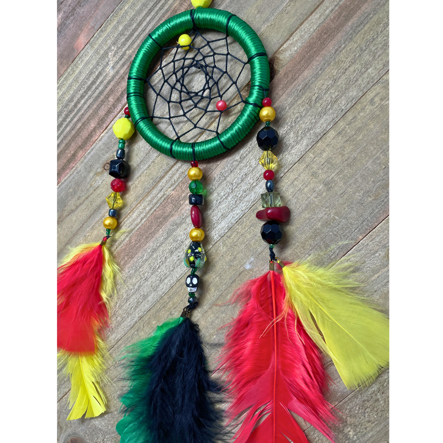 Dreamcatcher Green, Yellow, Black and Red Colors , Rastas Colors  Ring Size 3" Inches (7.5 cm)