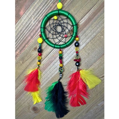 Dreamcatcher Green, Yellow, Black and Red Colors , Rastas Colors  Ring Size 3" Inches (7.5 cm)