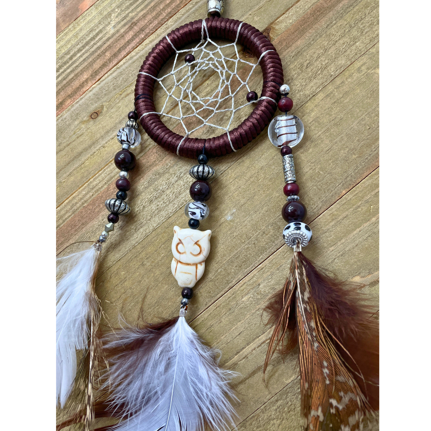 Dreamcatcher Brown, Metallic Gray, Cream, Beige, Black, Colors with Peacock Feathers Ring Size 3" Inches (7.5 cm)