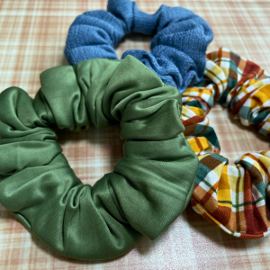 Scrunchies Kit | Sating Green Scrunchies | Flannel Pattern Scrunchies | Denim Blue Scrunchies | Hair Ties