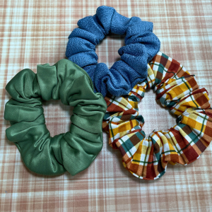 Scrunchies Kit | Sating Green Scrunchies | Flannel Pattern Scrunchies | Denim Blue Scrunchies | Hair Ties