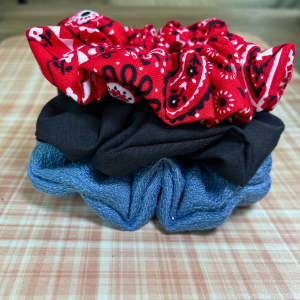 Scrunchies Kit | Black Scrunchies | Denim Blue Scrunchies |Red Pattern Scrunchies | Hair Ties