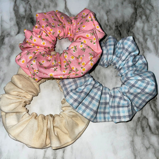 Scrunchies Hair Ties Pink Daisy Floral Scrunchies Plaid Blue Scrunchies Sand Tone Scrunchies Kit