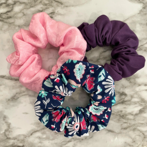 Scrunchies Kit | Dark Purple Scrunchies | Small Flower Pattern Dark Blue Scrunchies | Baby Pink Satin with Flower Pattern Scrunchies | Hair Ties