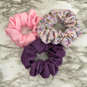 Scrunchies Kit | Dark Purple Scrunchies | Small Flower Soft Pink Scrunchies | Baby Pink Satin with Flower Pattern Scrunchies | Hair Ties