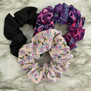 Scrunchies Kit | Purples Lined Pattern Scrunchies | Small Flower Soft Pink Scrunchies | Black Scrunchies | Hair Ties