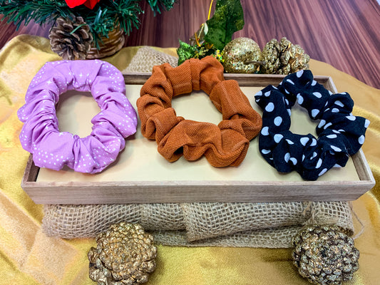 Scrunchies Kit | Purple White Stars Scrunchie | Brown Toned Scrunchies | Polka Dot Scrunchies | Hair Ties