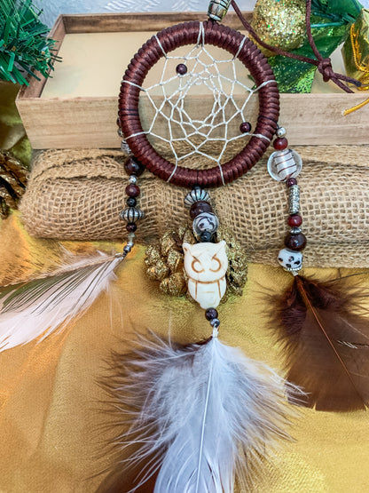 Dreamcatcher Brown, Metallic Gray, Cream, Beige, Black, Colors with Peacock Feathers Ring Size 3" Inches (7.5 cm)