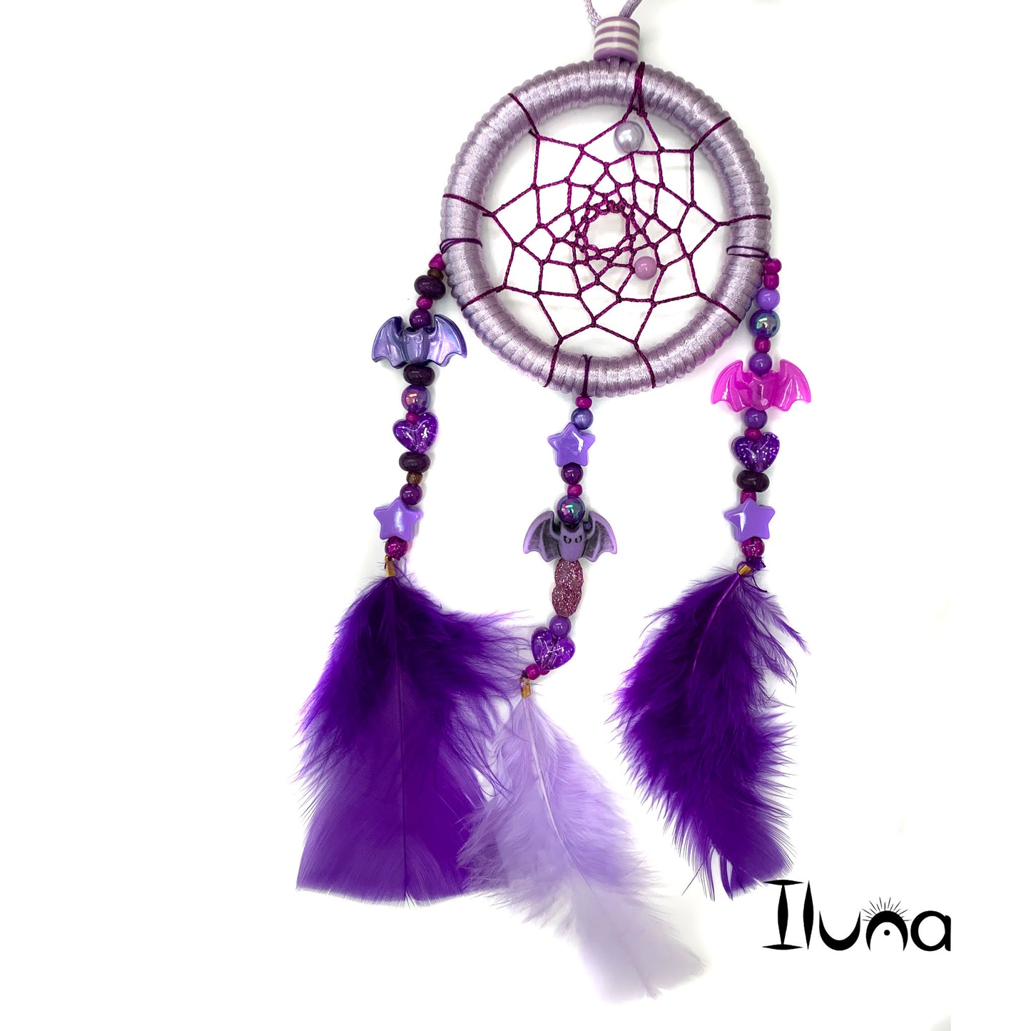 Dreamcatcher Light and Dark Purple, Hot Pink with Bats and Stars beads Ring Size 3" Inches (7.5 cm)